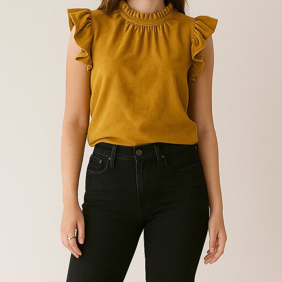 VOY Los Angeles suede ruffle sleeve top in mustard NWT Size Large - Picture 1 of 5